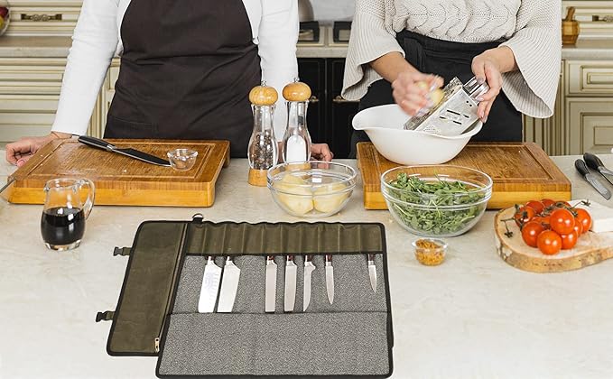 Denifiter Professional Chef's Knife Bag with Anti Cutting Fabric Inside, Heavy Duty 16oz Waxed Canvas, 10 Slots & 1 Large Zipper Pocket & Durable Handle(Army Green)