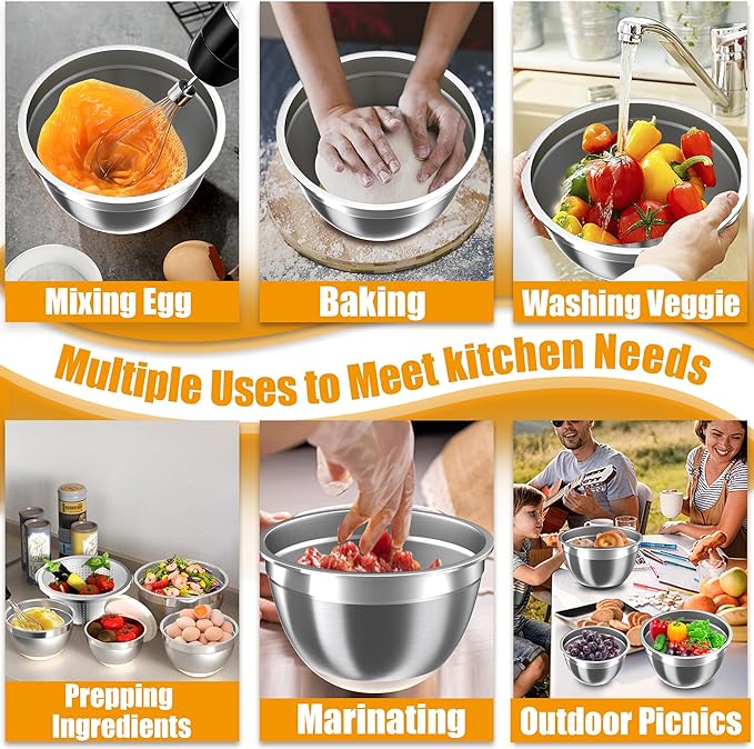 Mixing Bowls with Airtight Lids Set, 4 Stainless Steel Bowls Nesting Bowls & Colander, Kitchen Organizers and Storage Non-Slip Bottom, Size 1.5/2.0/2.5/4.5QT, Great for Mixing & Serving, Khaki