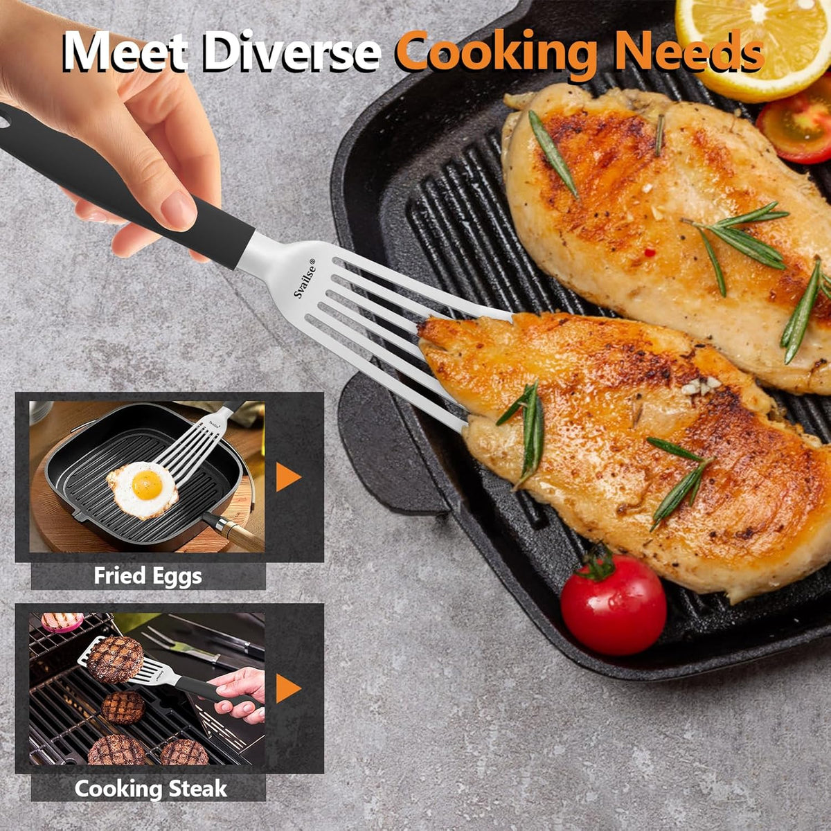 Fish Spatula Stainless Steel, Metal Spatula for Cast Iron Skillet, Slotted Turner with Silicone Handle for Cooking, Grilling, Flipping, Egg, Cookie, Pancake and Burger (Small, 11.7 Inch)