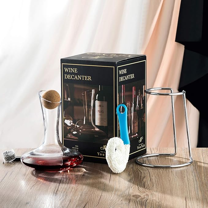 YouYah 100% Crystal Wine Decanter Set with Stand, Stopper, Brush and Beads - Red Wine Carafe - Hand-blown - Gift and Accessory