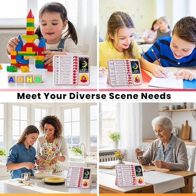 ADHD Tool for Kids, 5-in-1 Visual Timer with Chore Chart Board, Visual Schedule for Kids, 12/24 Task Timer with 99'59'' Countdown/Countup, 5 Alarms, Silent Operation Visual Schedule for Autism - Pink