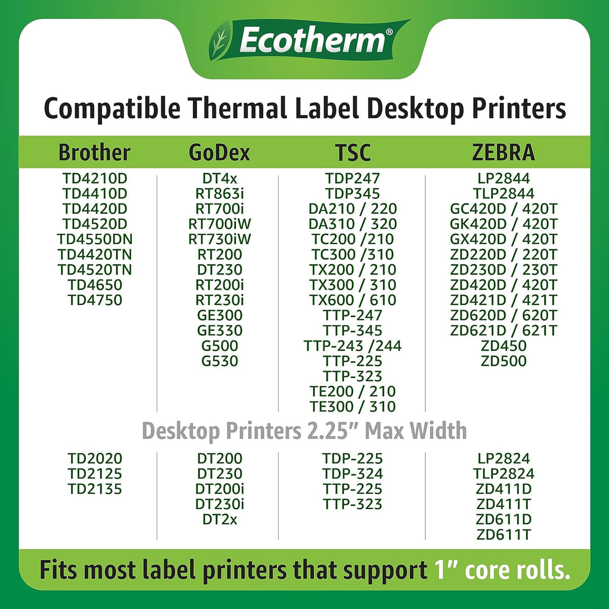 4" x 1.25" Thermal Labels | 6 Rolls | 12600 Labels | fits Zebra, Munbyn, Rollo, Godex, Arkscan, iDPRT, Offnova Thermal Label Printers and More | Blank White Adhesive Stickers by Ecotherm