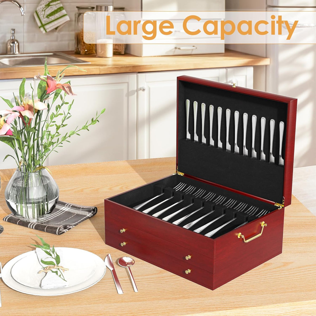 Silverware Storage Box 3-Layer Wooden Silverware Chest 15x11in Flatware Storage Case with Handle and Felt Lined Luxury Style Decor to Store Sterling Silver Ware Cutlery Sets for Home Restaurant