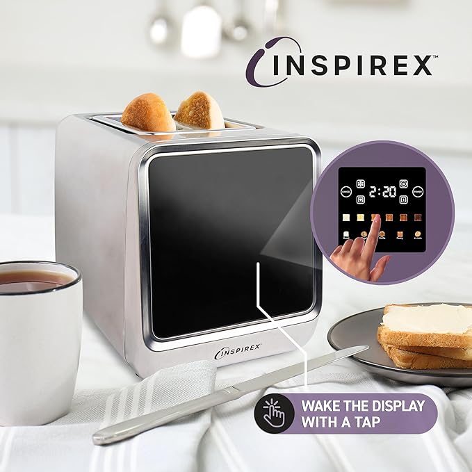Inspirex Touch Screen Toaster - 2 Slice Extra-Wide Slots - 5 Bread Type and 6 Browning Levels - Defrost, Reheat, Favorite, Single Slot Settings - Stainless Steel