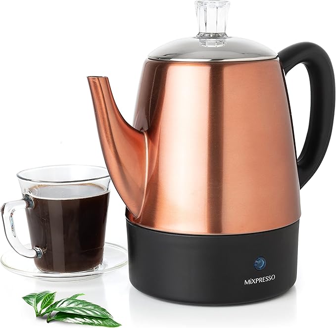Mixpresso 4 Cup Percolator Coffee Pot Electric, Copper Stainless Steel Coffee Percolator Electric With Keep Warm Function, Classic Perculator Pot With Removable Basket for Home or Office