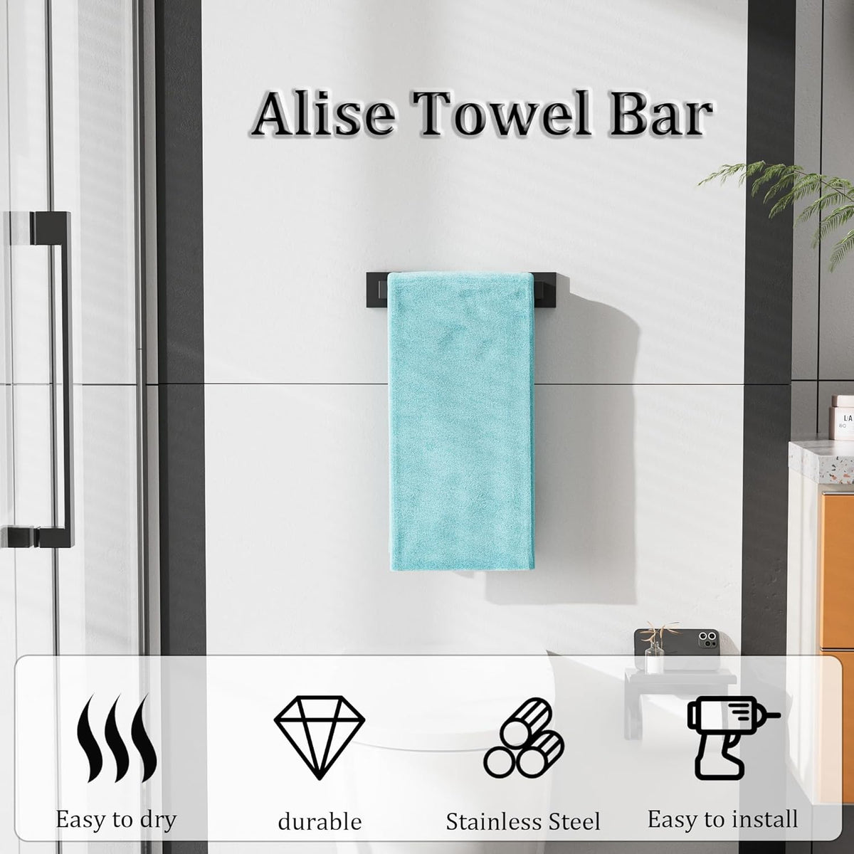 Alise Black Towel Bars,11.82 Inch Towel Holder Towel Racks for Bathroom and Lavatory,SUS304 Stainless Steel Hand Towel Hanger Rail Wall Mount,Useable Length 10.04 Inch Towel Bar, GYT030-B