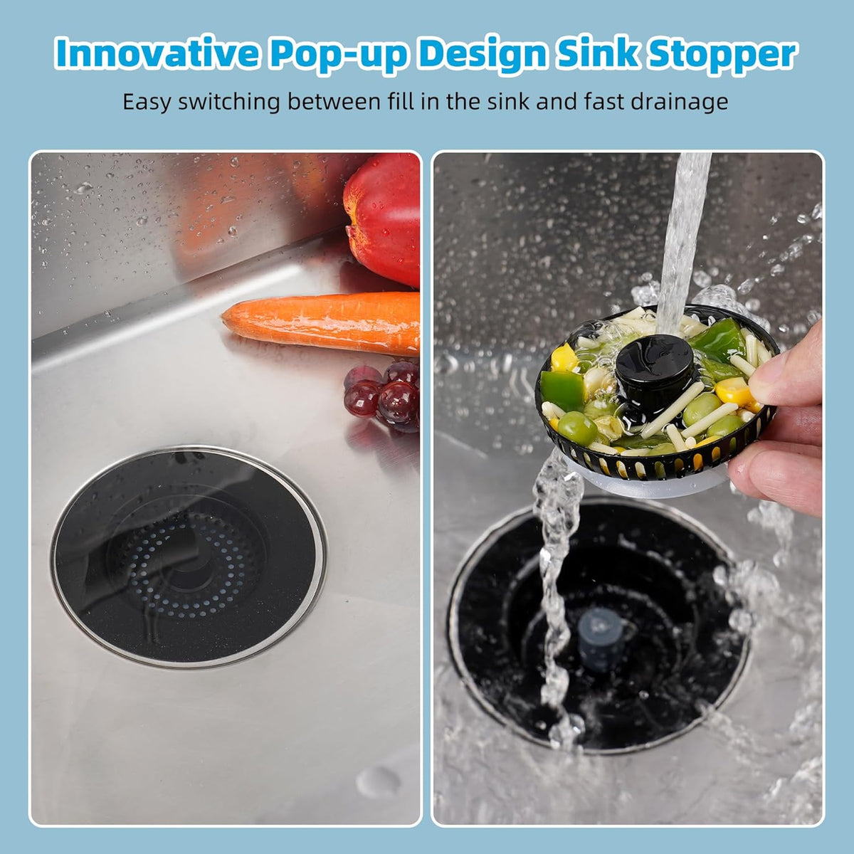Hibbent All Metal Stainless Steel 3 in 1 Kitchen Sink Drain Strainer, Upgraded Sink Stop Combo, 3 Anti-Clogging Stainless Steel Baskets Strainer with Metal Handle for US Standard 3-1/2" Drain, Black
