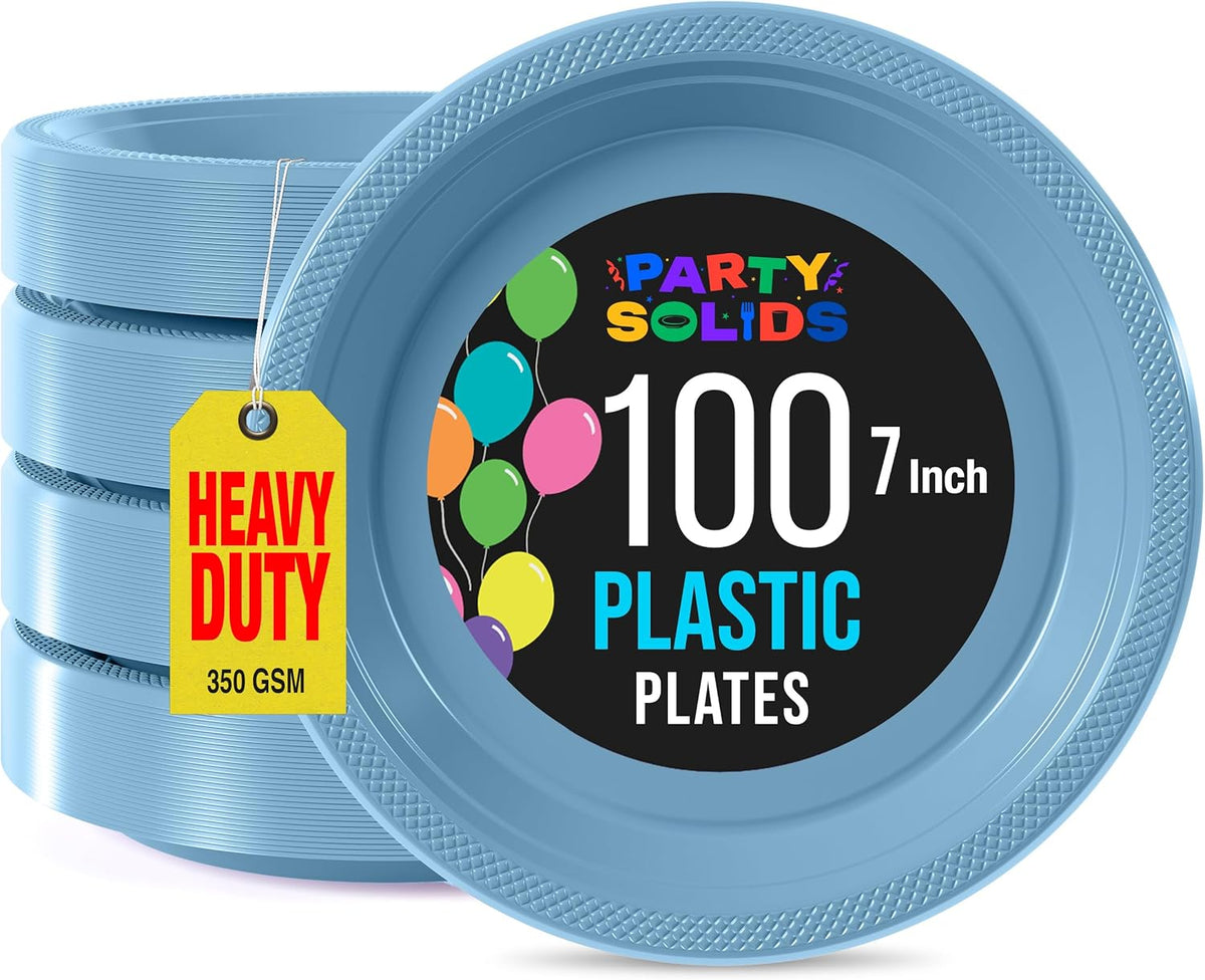 Exquisite Party Solids Light Blue Plastic Plates For Party 7" Light Blue Disposable Plates Heavy Duty Supplies 100 Pcs Plastic Dinnerware Sets Heavy Duty 350 GSM Disposable Dinnerware Set