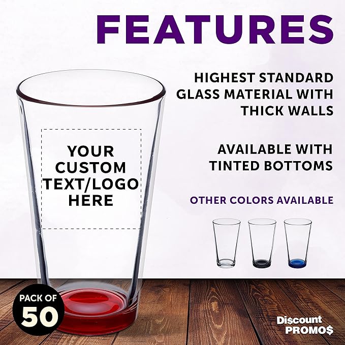 Custom Libbey Pint Glass 16 oz. Set of 50, Personalized Bulk Pack - Beer Glasses, Heavy Duty Drinkware - Red