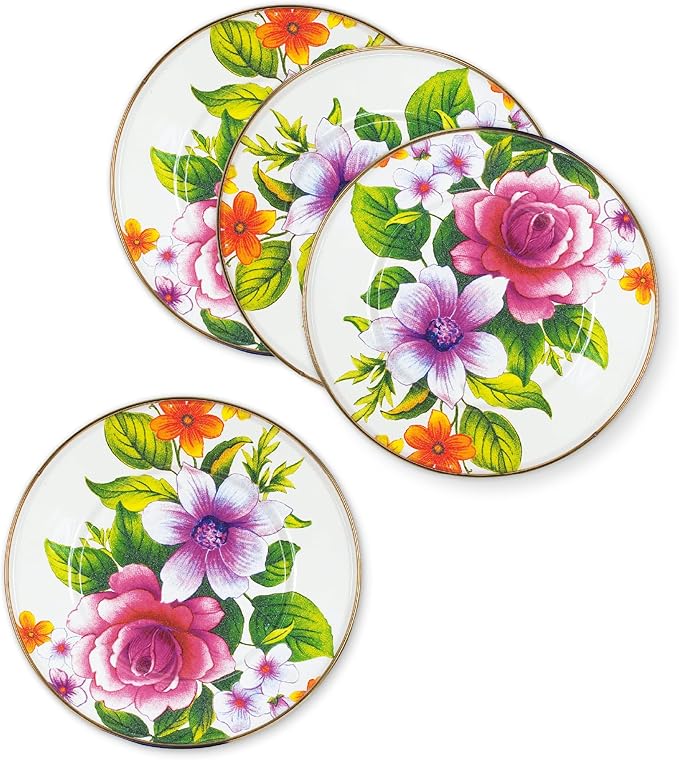 MACKENZIE-CHILDS Enamel Salad and Dessert Plate, Small Plate for a Dessert or Appetizer Dish, 8 Inches, Set of 4, White Flower Market