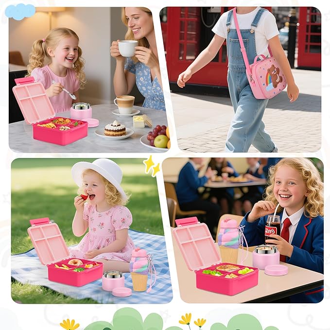 Lunch Box Kids with 5 Compartments, Insulated Food Jar & Utensil & Sauce Container & Lunch Bag & Silicone Collapsible Cup, Leak Proof Bento Box, BPA-Free & Dishwasher Safe-Pink