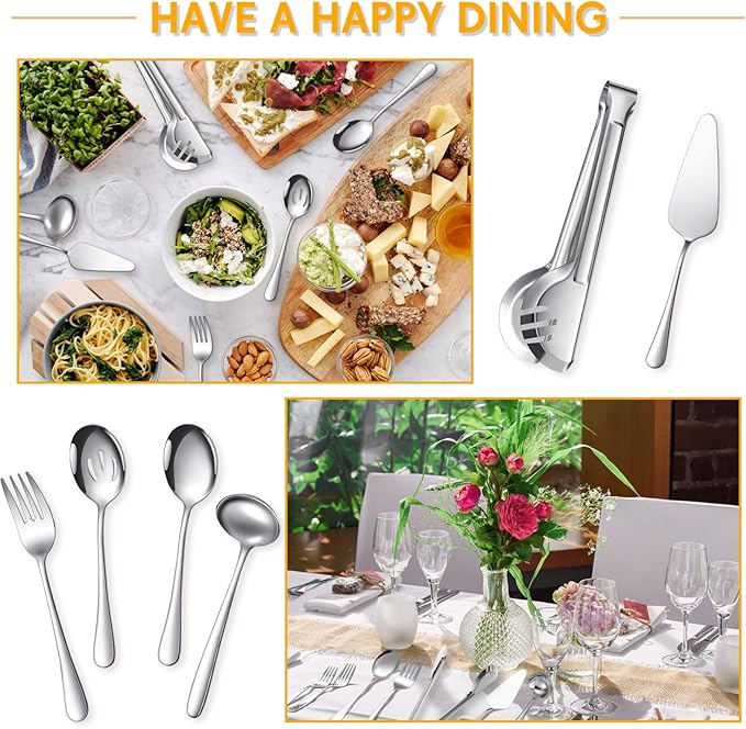 Patelai Serving Utensils Set Include Stainless Steel Large Spoons Slotted Spoons Forks Tongs Soup Ladle and Pie Server for Parties Buffet Catering, Dishwasher Safe(Silver,10 Pieces)