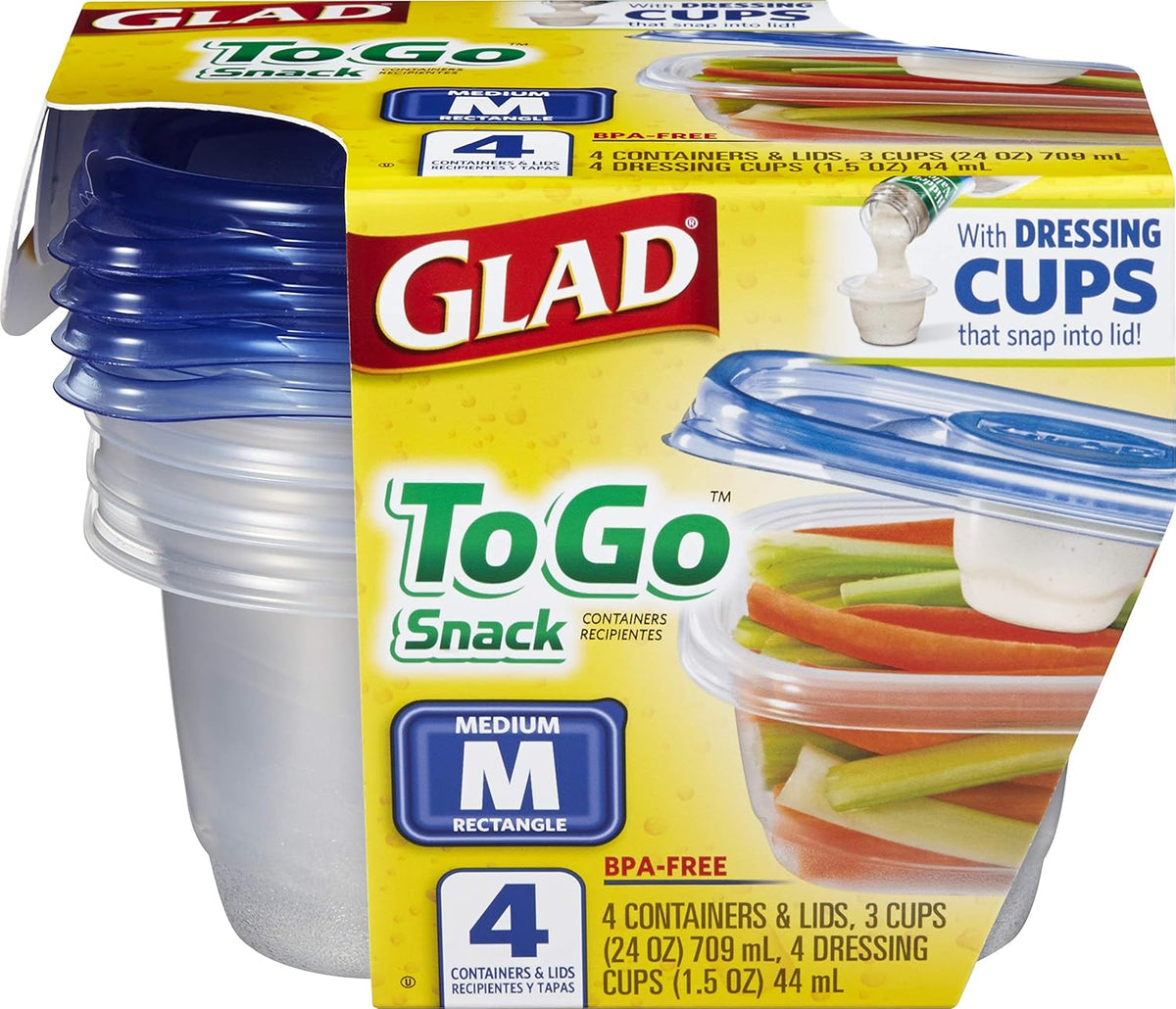 Glad GladWare To Go Snack Food Storage Containers - Medium Round - Meal Container Holds up to 24 Ounces of Food - Lock Tight Seal, 4 Count - 6 Pack