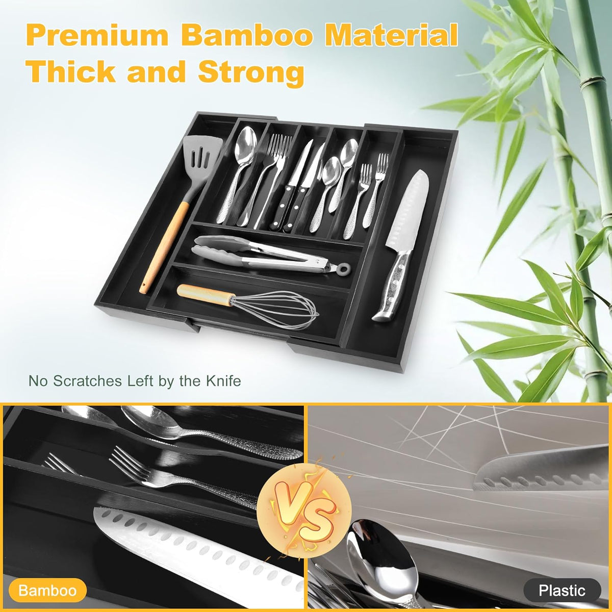 Large Premium Bamboo Silverware Organizer - Expandable Drawer Organizer & Utensil Organizer - 17"x19.7" Cutlery Tray with Dividers for Kitchen Utensils and Flatware (7-9 Slots) (Black)
