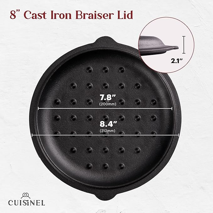 Cuisinel Cast Iron Lid - Fits 8"-Inch / 20.32cm Lodge Skillet, Frying Pans or Braiser + Silicone Handle Holder + Care Guide - Pre-Seasoned Replacement Cover - Indoor/Outdoor, Oven, Open Fire, BBQ Safe