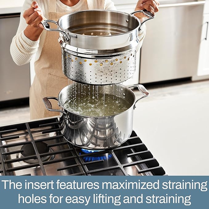 All-Clad Stockpot 8 qt Stainless Steel Multipot With Insert & Lid, Stainless Steel Pot, Induction, Oven Broiler Safe 600F Skillet, Professional Cookware, Silver