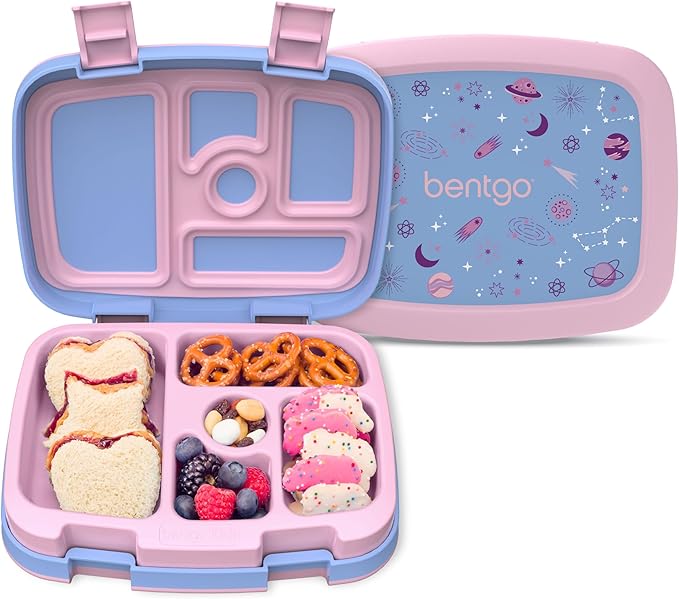Bentgo Kids Prints Leak-Proof, 5-Compartment Bento-Style Kids Lunch Box - Ideal Portion Sizes for Ages 3-7, Durable, Drop-Proof, Dishwasher Safe, & PFAS & BPA-Free Materials (Lavender Galaxy)