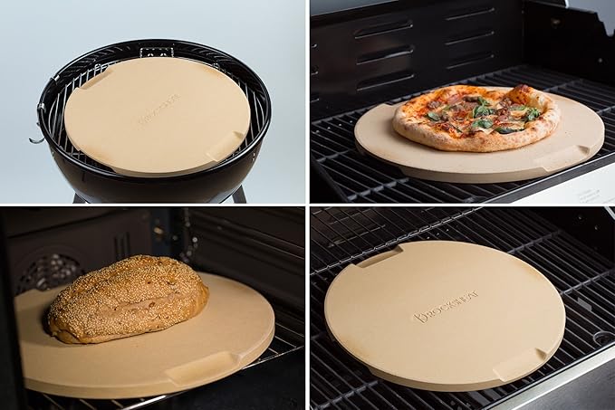 Pizza Stone, 15" Round Pizza Stone for Oven Grill BBQ, Cordierite Baking Stone for Pizza Bread Pie, Unique Built-in 4 Handles Cooking Stone
