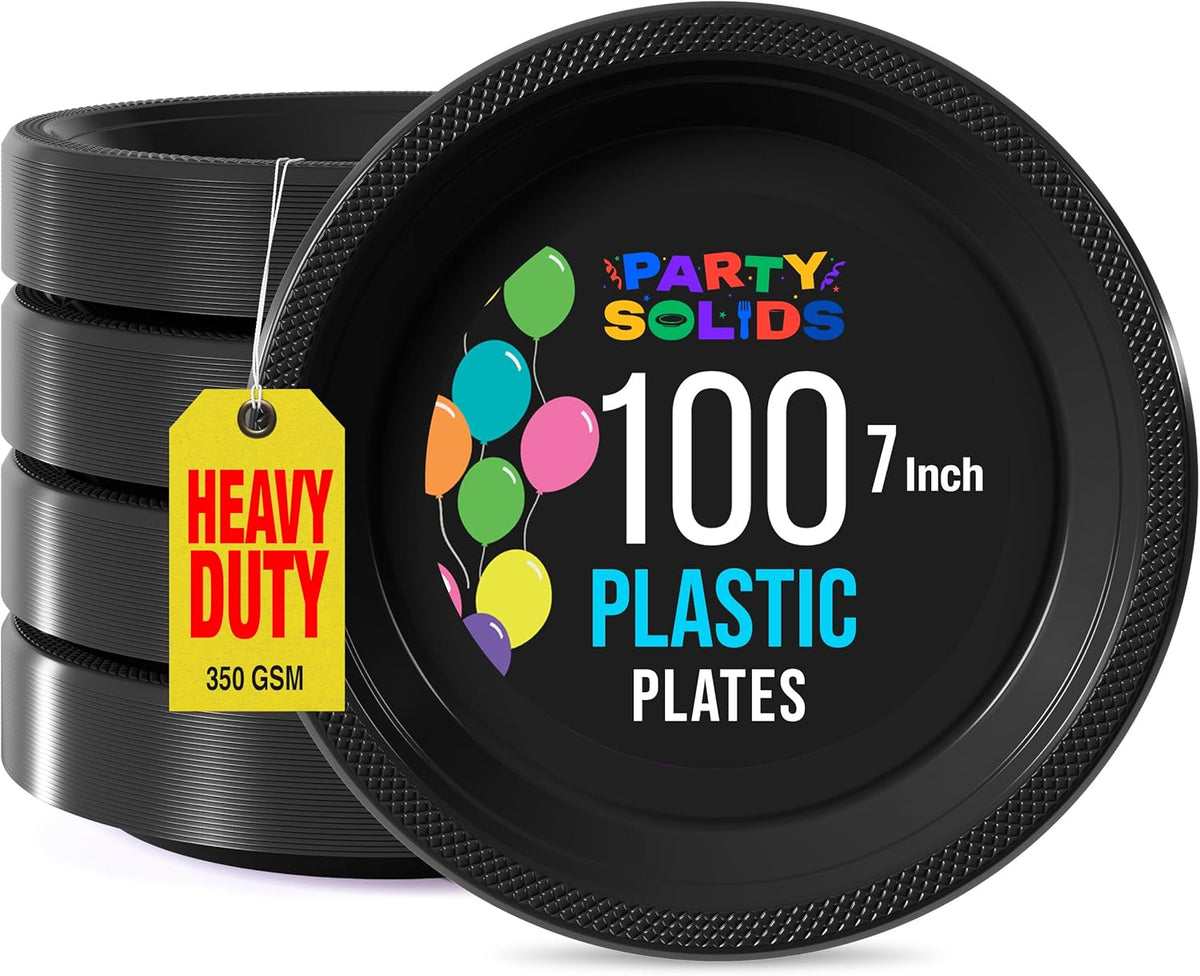Exquisite Party Solids Black Plastic Plates For Party 7" Black Disposable Plates Heavy Duty Supplies 100 Pcs Plastic Dinnerware Sets Heavy Duty 350 GSM Disposable Dinnerware Set
