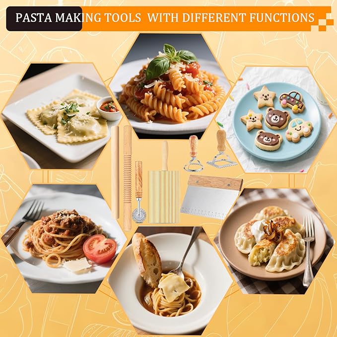 Pasta Making Tools, 10 PCS Pasta Making Kit with 1 Ravioli Maker,3 Rolling Pins,1 Gnocchi Board,1 Ravioli Cutter, 2 Pasta Stamps,1 Dough Cutter, 1 Baking Mat, for Pasta Maker And Kitchen DIY Gift
