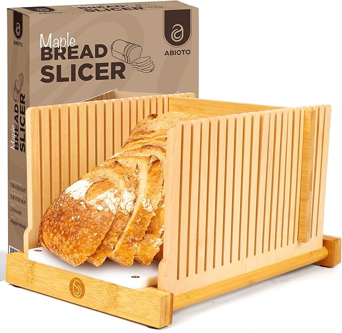 ABIOTO Bread Slicer for Homemade Bread - No Splinter with HDPE Base & Maple Finger - 4 Different Thicknesses for Uniform & Consistent Slices - Foldable Bread Cutter with Optimal Knife Grooves