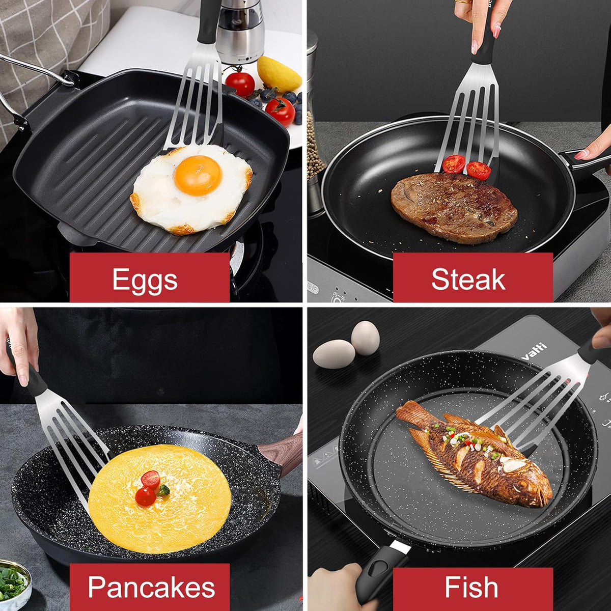 Beijiyi 2-Piece Fish Spatulas Silicone Heat Resistant, Kitchen Spatula Set for Non Stick Frying Pan, Slotted Flexible Fish Turner Cooking Utensils, Large 12.3 In, Small 10.6 In, Black Silicone Edge