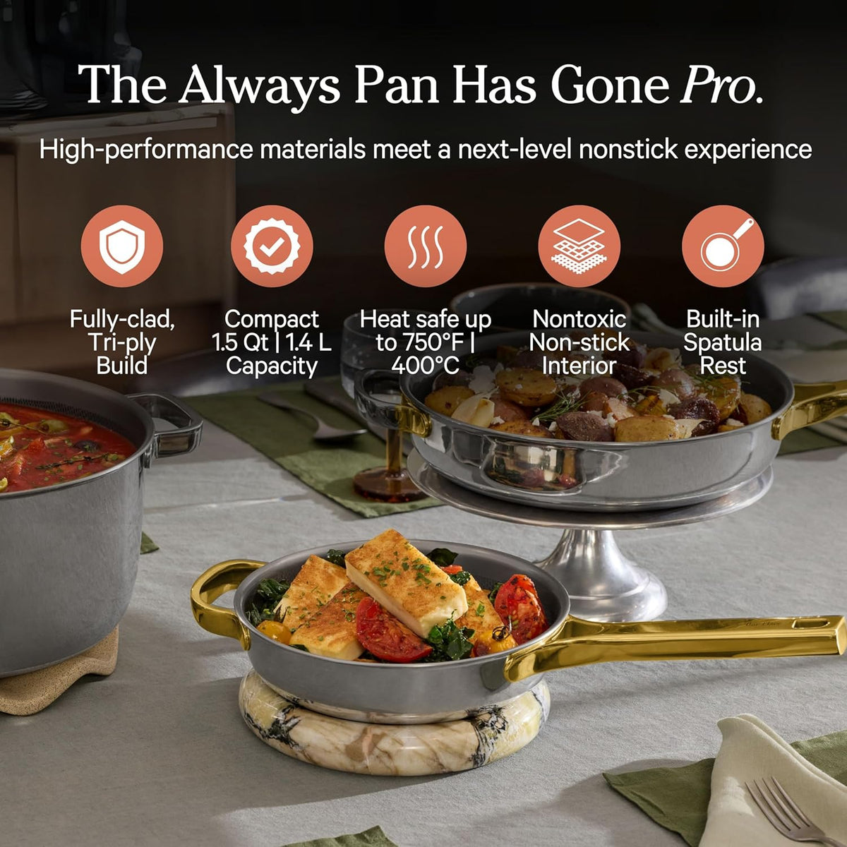 Our Place Titanium Mini Always Pan Pro - 8.5” (1.48 Qt) No-Coating Nonstick Skillet | Tri-Ply Titanium & Stainless Steel | Safe for Oven, Induction & Cooktops up to 750°F | Includes Spatula | Gold