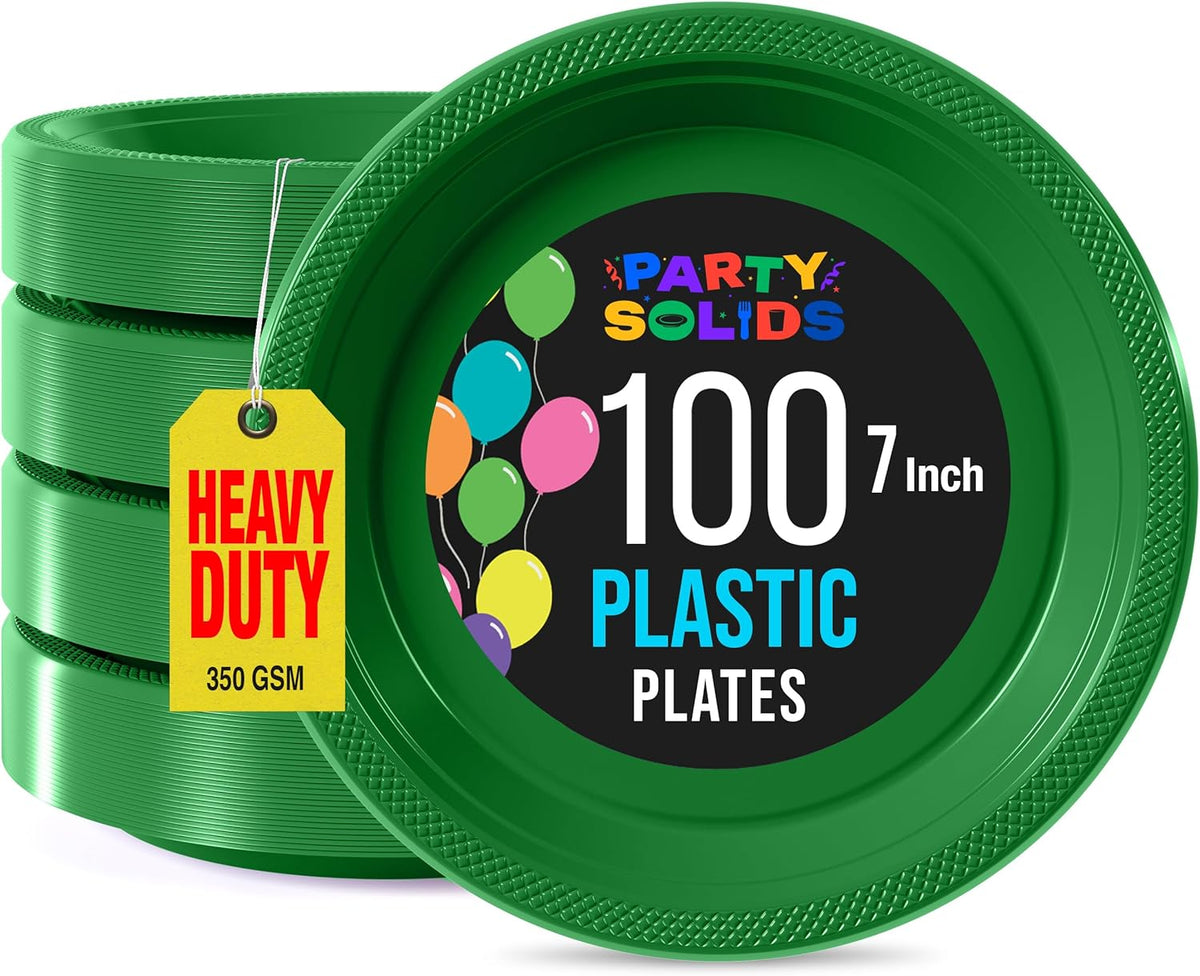 Exquisite Party Solids Emerald Green Plastic Plates For Party 7" Emerald Green Disposable Plates Heavy Duty Supplies 100 Pcs Plastic Dinnerware Sets Heavy Duty 350 GSM Disposable Dinnerware Set