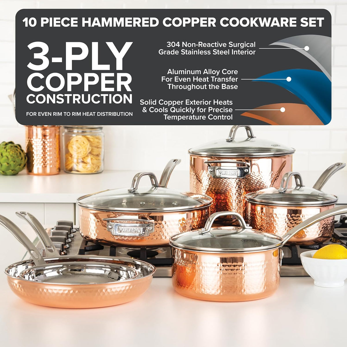 Viking 3-Ply Pots and Pans Set, 10 Piece Copper Kitchen Cookware with Glass Lids, Hammered Copper
