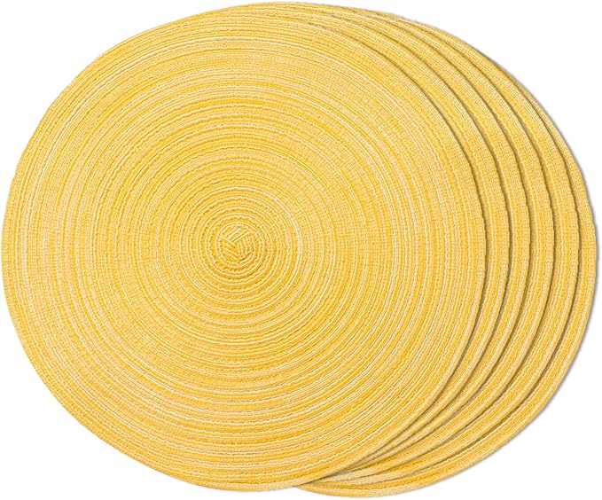 FunWheat Round Braided Placemats Set of 6 Place mats for Dining Tables Woven Heat Resistant Table Mats 15 inch (Yellow)