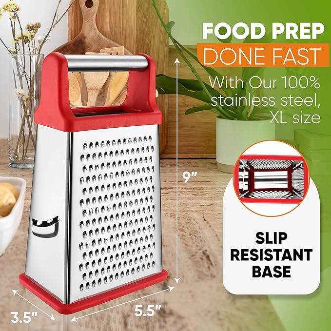 Spring Chef Professional Cheese Grater - Stainless Steel 4 Sided Box Grater for Kitchen, XL Size - Perfect Shredder for Parmesan Cheese, Carrot, Potato, Ginger - Dishwasher Safe - Red