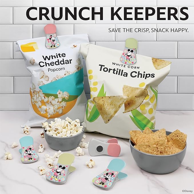 Disney Magnetic Chip Clips – Set of 6 Bag Clips for Food Storage - Mickey, Minnie, Lilo & Stitch, Winnie The Pooh – Durable Airtight Bag Chip Clips for Pantry & Fridge Use