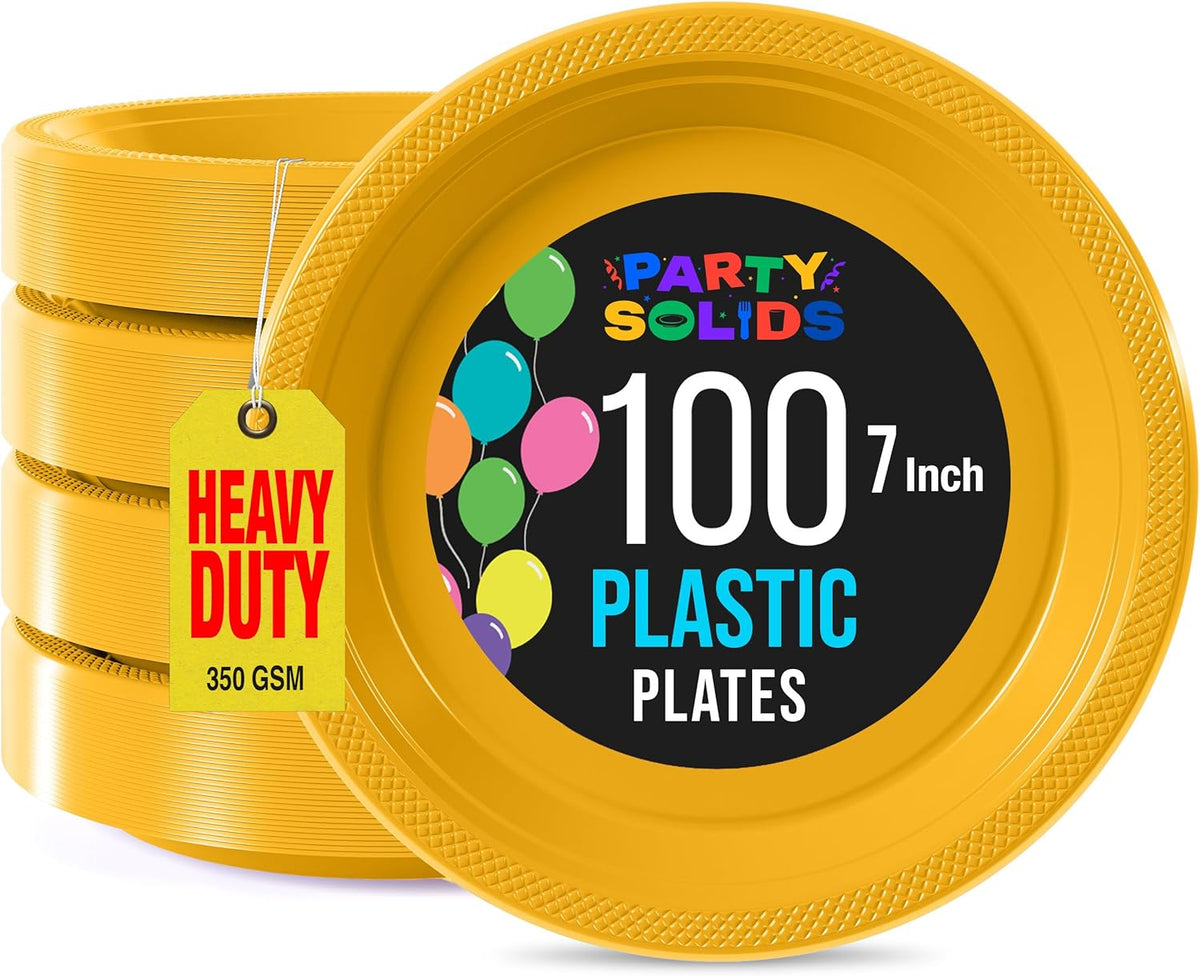 Exquisite Party Solids Yellow Plastic Plates For Party 7" Yellow Disposable Plates Heavy Duty Supplies 100 Pcs Plastic Dinnerware Sets Heavy Duty 350 GSM Disposable Dinnerware Set