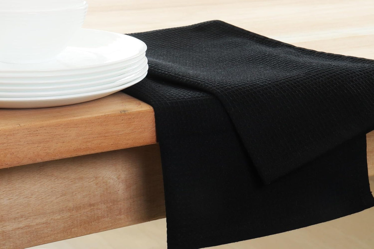 PurpleEssences Waffle Weave Kitchen Towel, 100% Cotton - 15 x 25 Inches, with Hanging Loop Ultra Soft Absorbent Quick Drying Dish Cloth, Tea and Hand Towels, 6 Pack - Spring Summer - Black