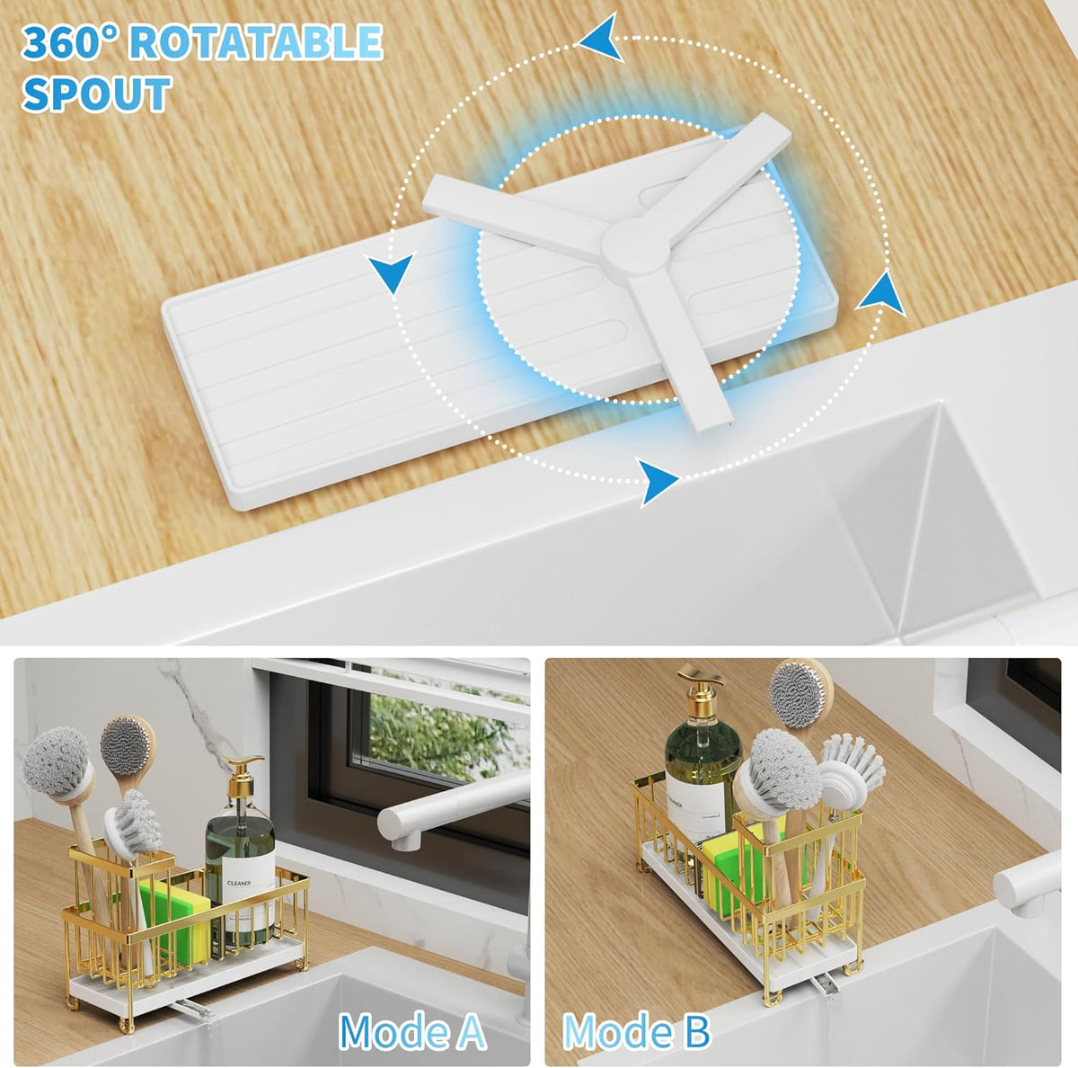 Cisily Gold Sponge Holder for Kitchen Sink, Sink Caddy Organizer with High Brush Holder, Kitchen Countertop Organizers and Storage Essentials, Rustproof 304 Stainless Steel, Soap Dispenser Organize