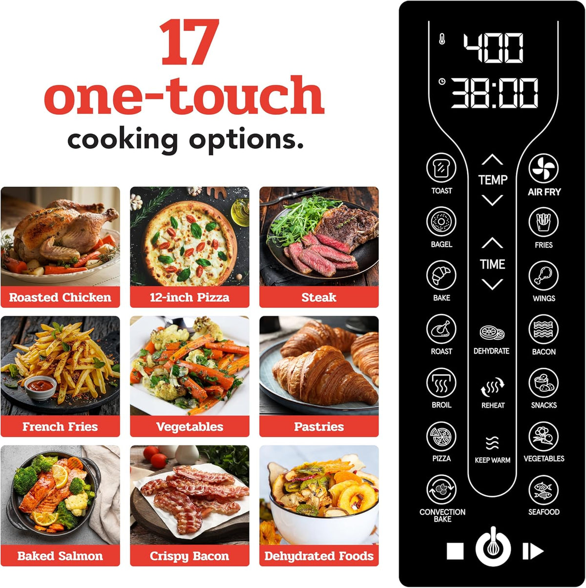 Gourmia Toaster Oven Air Fryer Combo 17 cooking presets 1700W french door digital air fryer oven 24L capacity accessories, convection rack, baking pan tray recipe book GTF7460,Large,Black