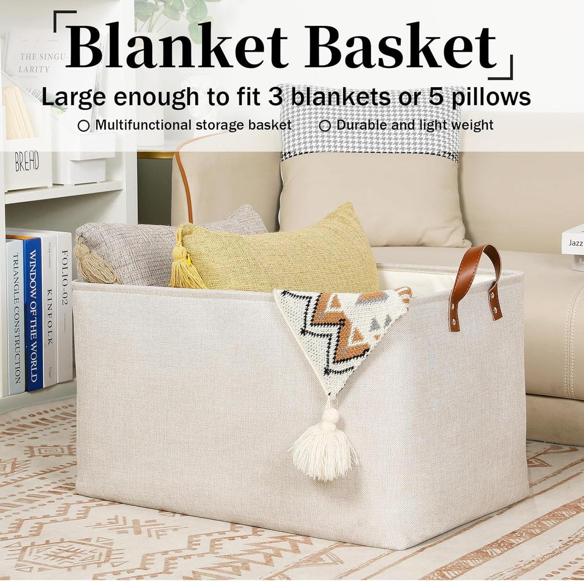 DULLEMELO Beige Storage Baskets for Organizing, Set of 2 Extra Large Canvas Fabric Storage Baskets with Handles, Foldable Storage Bins Baskets for Blankets Living Room
