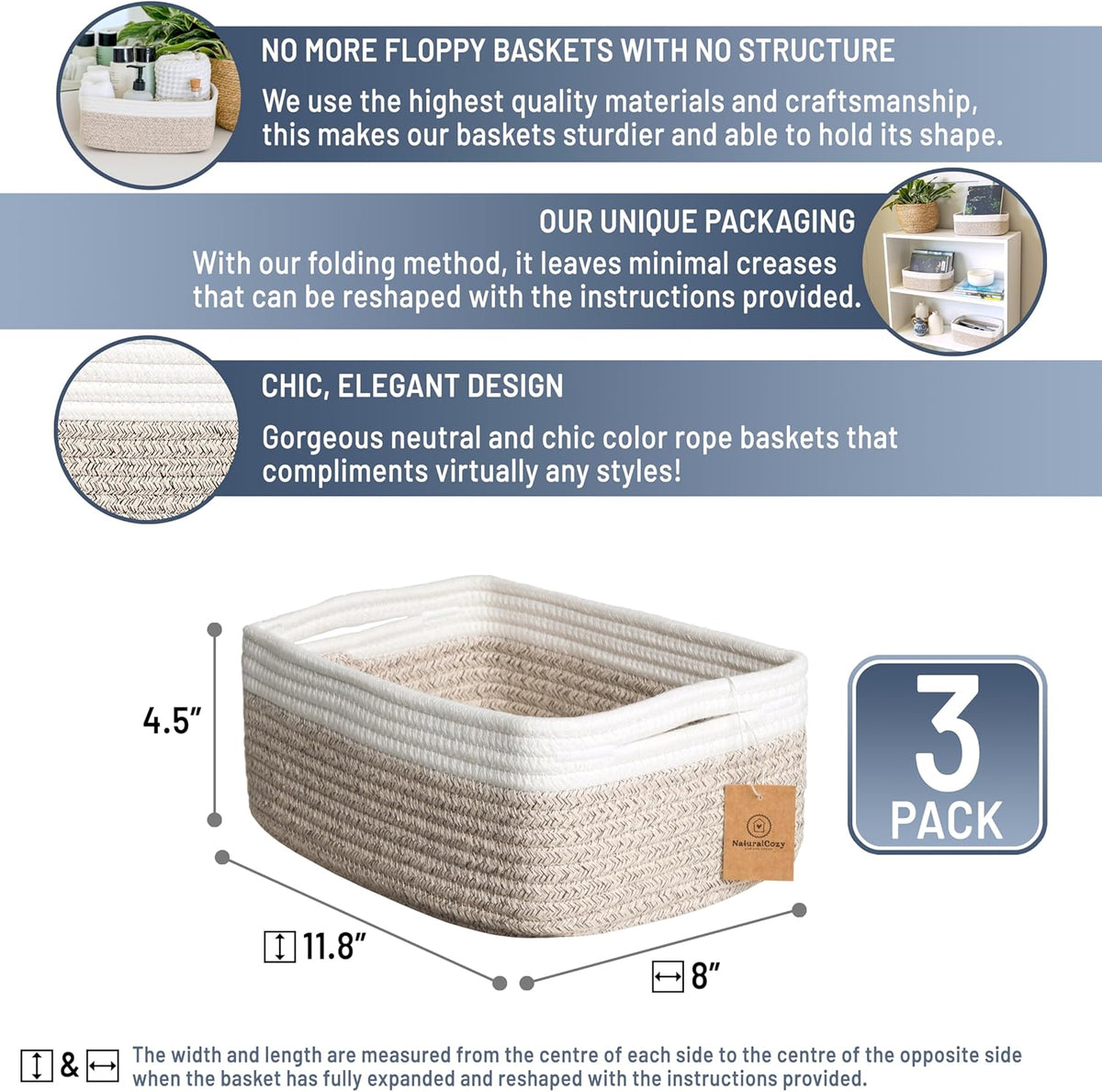 NaturalCozy 11.8"x8"x4.5” Storage Baskets for Shelves 3 Pack | Cotton Rope Woven Small Baskets for Organizing | Small Storage Bins for Nursery, Bathroom, Closet, Cube Shelf, Decorative, Gift Basket