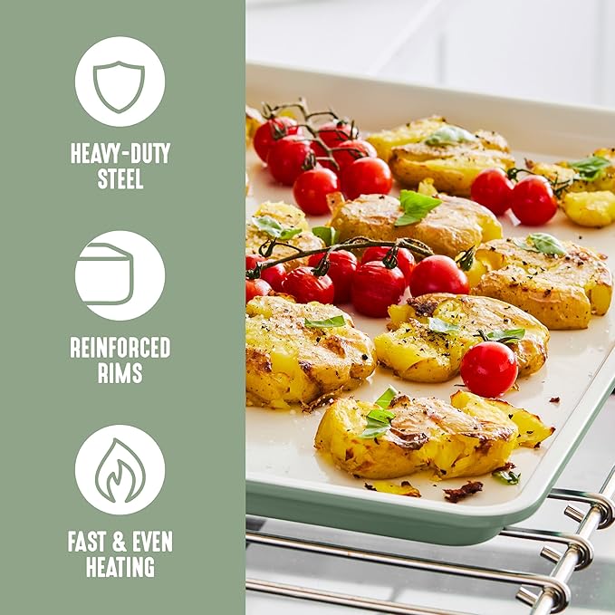 GreenLife Bakeware 18” x 13” Half Cookie Sheet Baking Pan, Non-Toxic PFAS-Free Healthy Ceramic Nonstick, Oven Safe to 450°F, Easy Release, Even Heating, Easy Clean, Sage