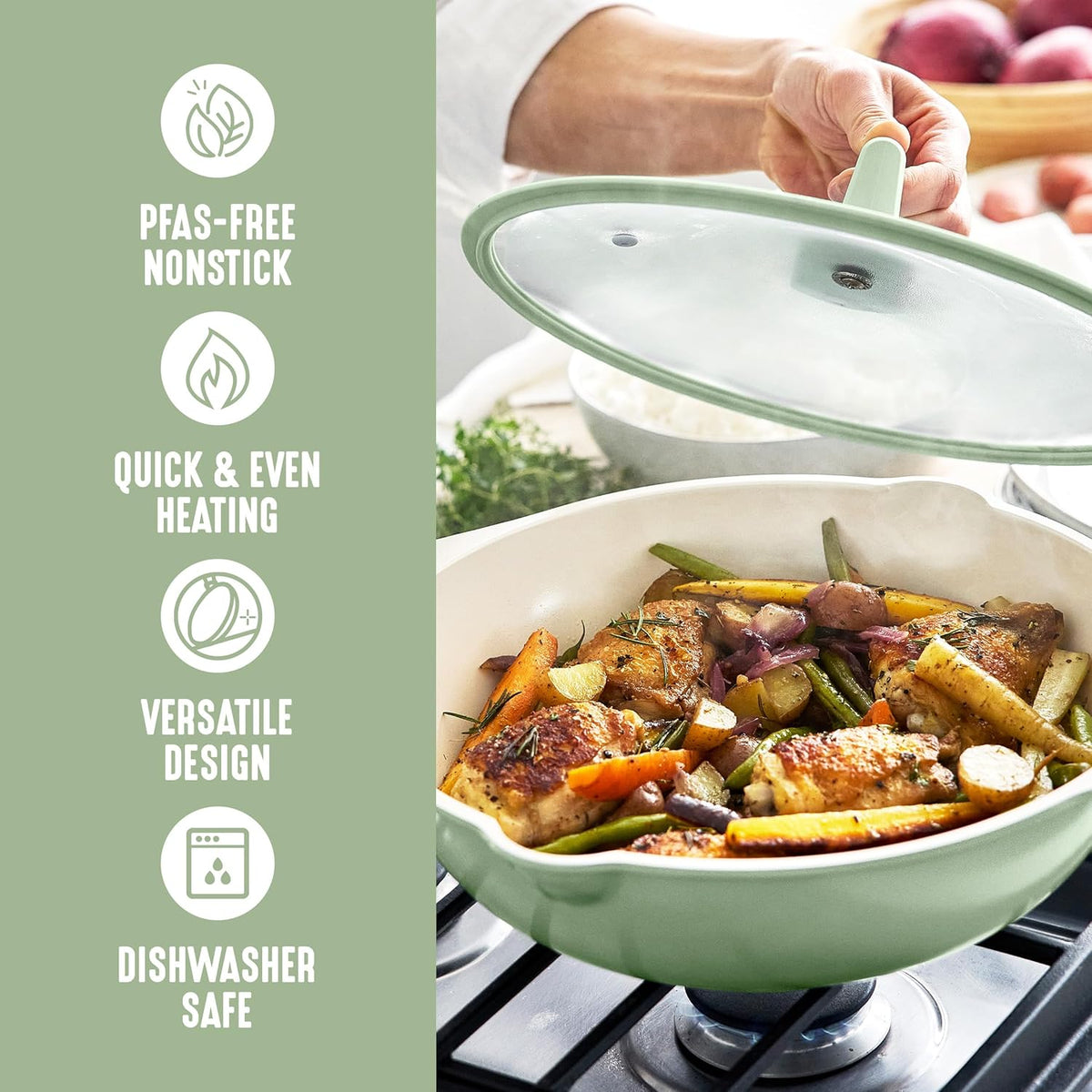 GreenLife Nonstick 12” (5QT) All in One Deep Skillet Wok with Lid, PFAS-Free Non-Toxic Ceramic Multi-Purpose Pan, Induction, All Stovetop, Egg, Stir Fry, Saute, Stay Cool Handle, Sage Green