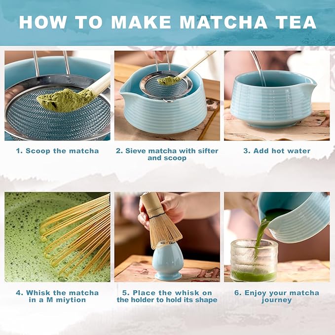 Matcha Whisk Set,Includes Ceramic Matcha Bowl, Bamboo Matcha Whisk and Holder, Bamboo Scoop and Spoon, Scoop Rest, Sifter and Tea Towel,Traditional Japanese Matcha Tea Ceremony Set Gift(Blue)