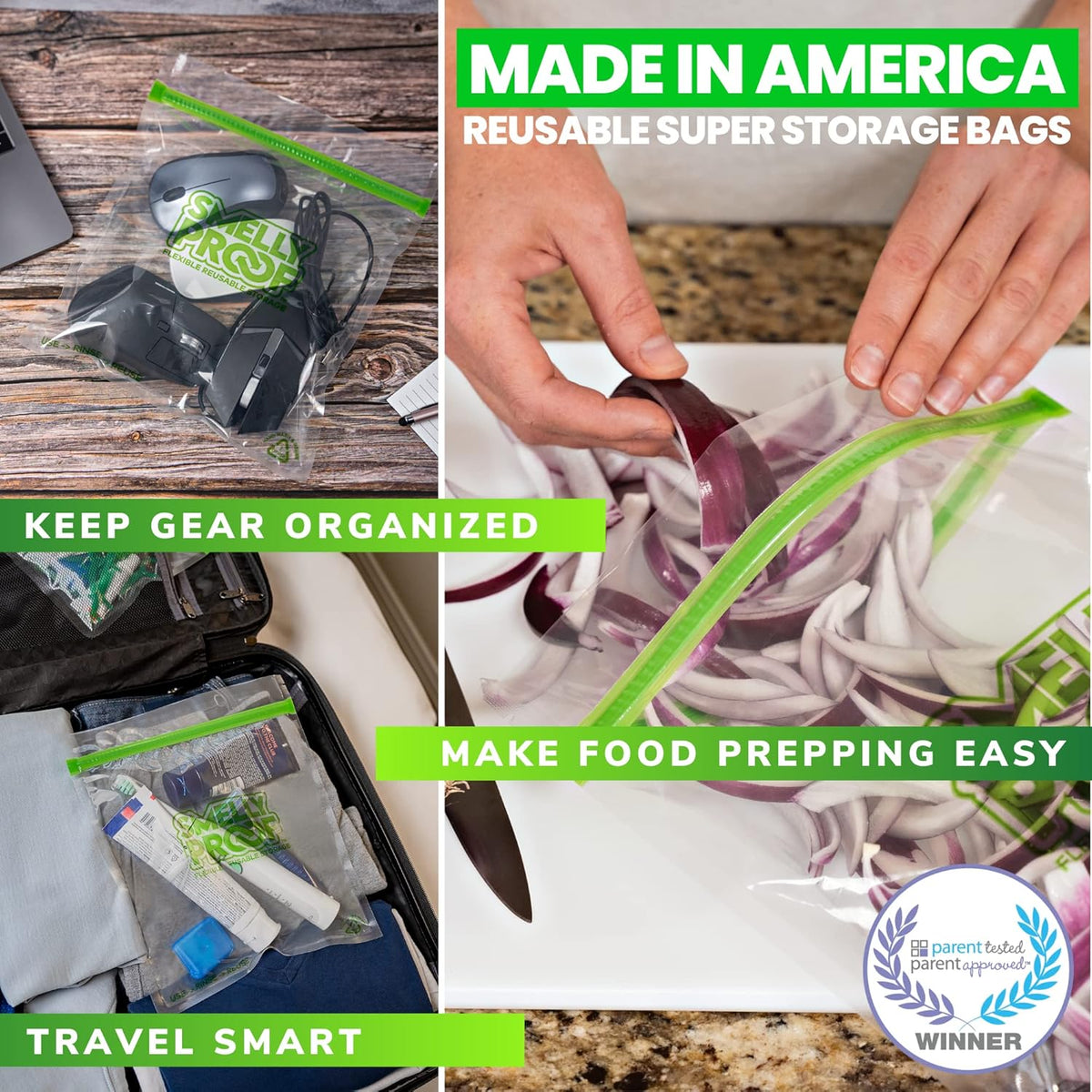 Smelly Proof Reusable Food Storage Bags Designed & MFG, USA MADE, Dishwasher-Safe, Easy-To-Clean, BPA FREE, NO PEVA, Clear FLAT Large 3-mil Thick, 8.5" x 10", Quart Size Bags, 10-Pack