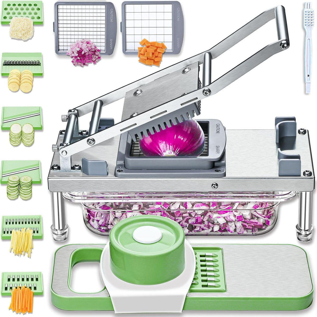 All-in-1 Vegetable Chopper with 8 Blades - Mandoline Slicer-Pro Food Chopper with Container - Veggie Salad Onion Chopper - Potato Dicer French Fry Cutter - Cheese Grater - Stainless Steel material