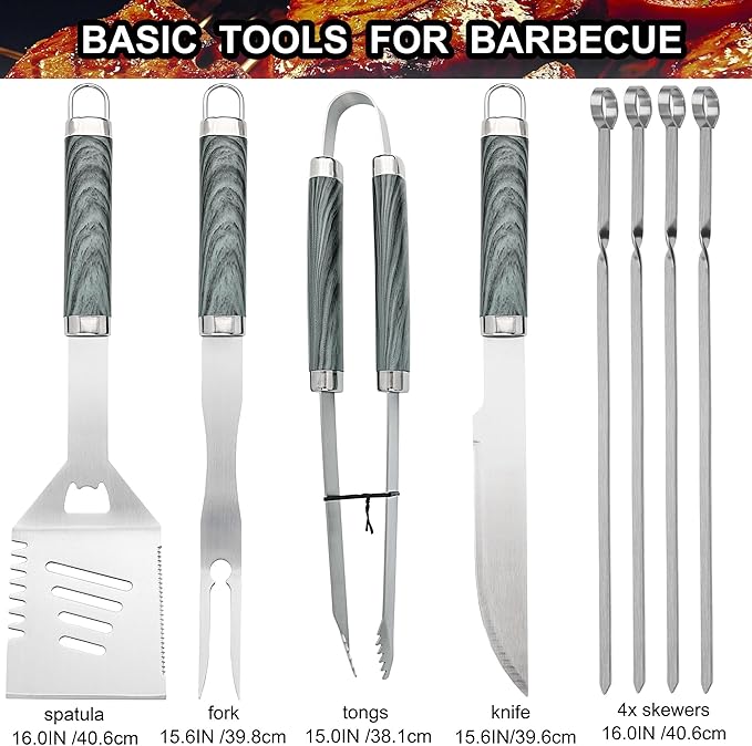 grilljoy 24PCS BBQ Grill Tools Set with Meat Thermometer and Injector - Extra Thick Stainless Steel Fork, Spatula& Tongs - Complete BBQ Accessories in Aluminum Case - Perfect Grill Gifts for Men Grey