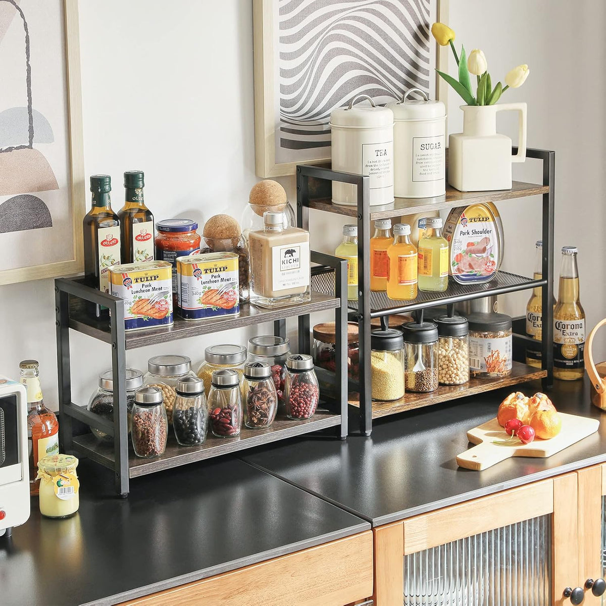 IBUYKE 3-Tier Spice Rack Industrial Counter Shelf Desktop Storage Organizer Standing Seasoning Rack for Countertop Kitchen Office Living Room Desktop Rustic Brown UTLJ021H