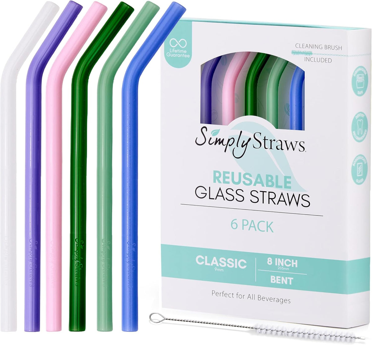 Simply Straws 8 Inch Glass Straws Bent (6-Pack) – Reusable Glass Straws for Pints & Juice Drinkware, with Cleaning Brush – Dishwasher Safe, Hot & Cold Use, BPA-Free (Cote d'Azur)