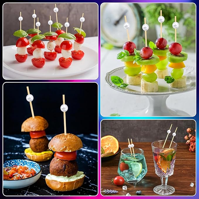 300Pcs Fancy Toothpicks for Appetizers,4.7Inch White Pearl Cocktail Picks For Drinks,Bamboo Appetizer Skewers for Charcuterie Boards Accessories,Martini, Sandwich,Desserts,Fruit