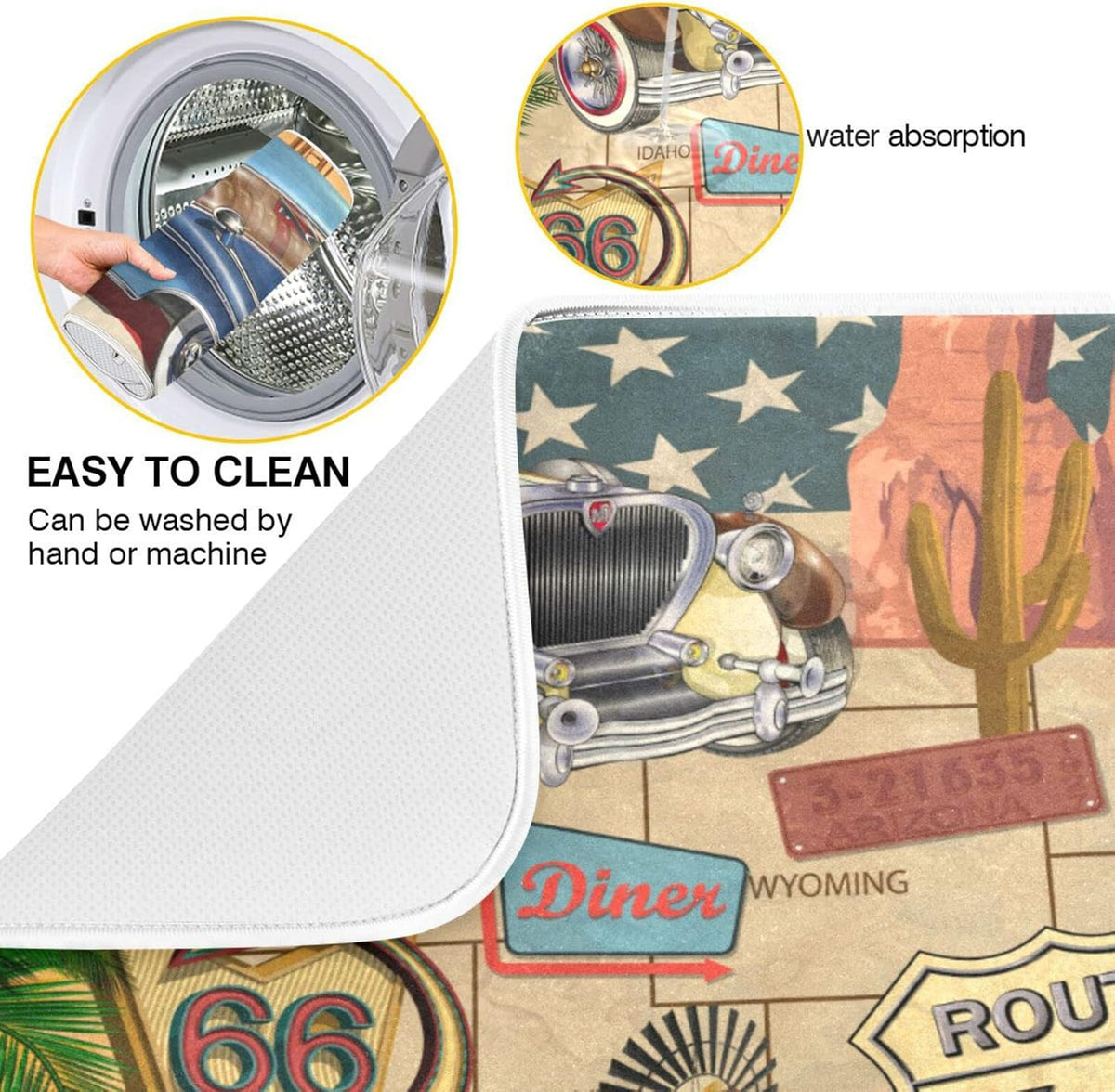 senya Super Absorbent Dish Drying Mat, Microfiber Fast-Drying Dish Mat, 24'' x 18'', Kitchen Dish Drying Pad, Retro Route 66 Poster, (g289343280p523c558s1114)