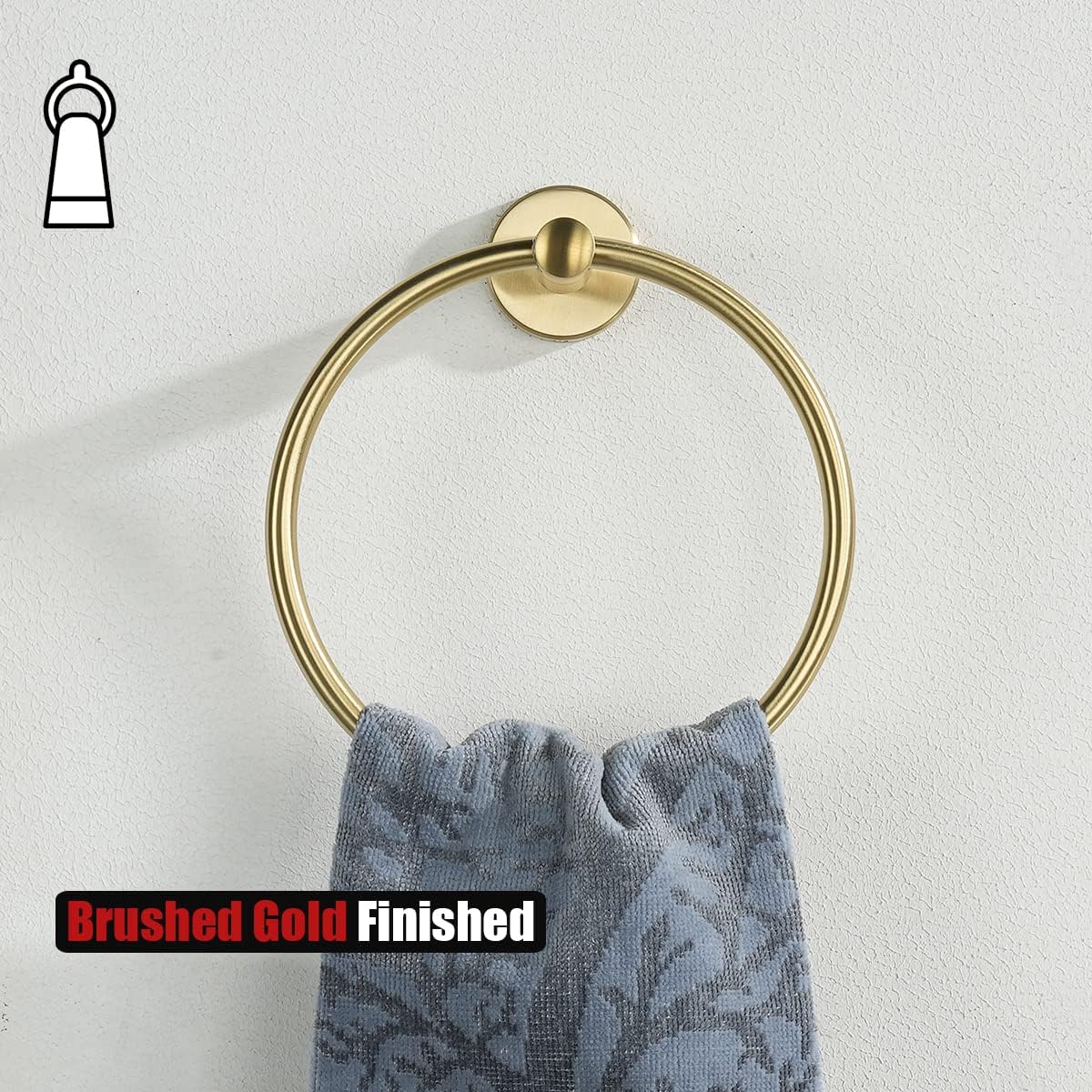 JQK Towel Ring Brass Gold, 304 Stainless Steel Hand Towel Holder for Bathroom, Brushed Gold Wall Mount, TR130-BG