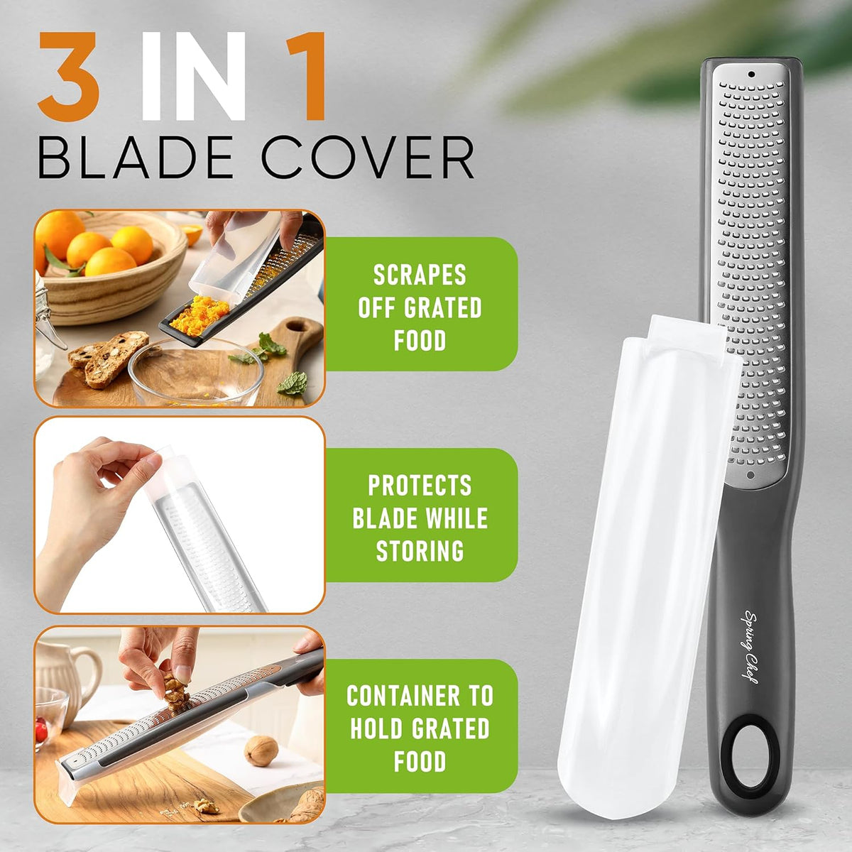 Spring Chef Premium Gray Lemon Zester Grater with Handle - Lime, Garlic, Ginger, Orange, Nutmeg, Fruit Grater - Heavy Duty Kitchen Tool - Stainless Steel Citrus Zester with Blade Cover - Fine Shred